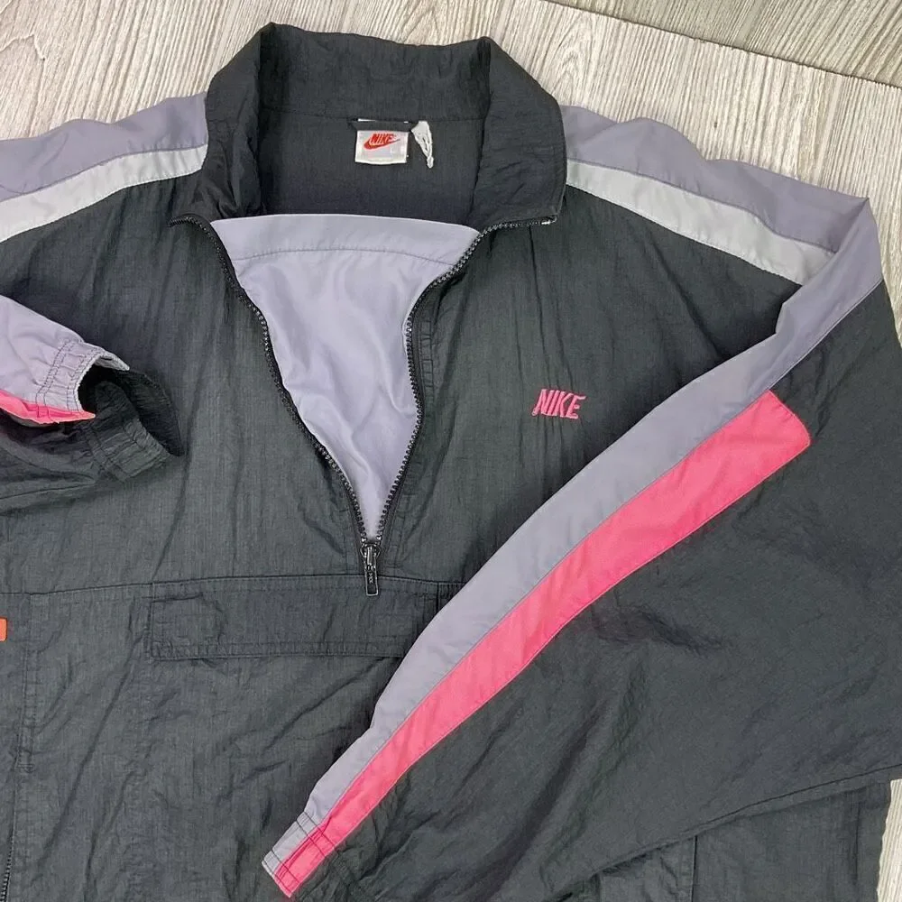 Vintage Nike Grey Label Men’s Large Black Nylon Windbreaker Anorak Jacket